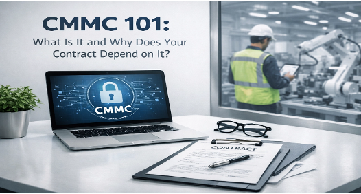 an open laptop inside an office with CMMC and a lock icon on the screen