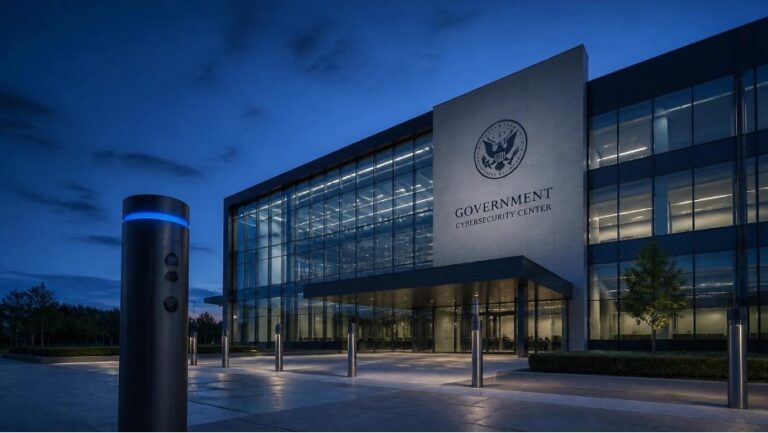 Facade of US Government Cybersecurity Center at night.