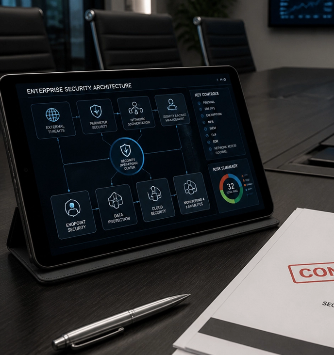 A tablet device depicting an enterprise security architecture on the screen